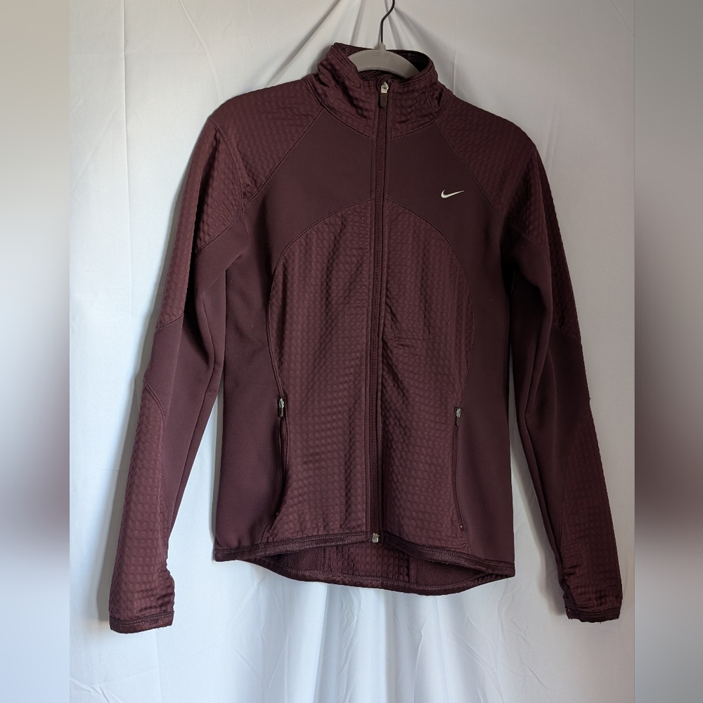 Nike Fit Therma Women's Maroon Jacket Zip Thermal Layer Pockets Fitted Sleeves S